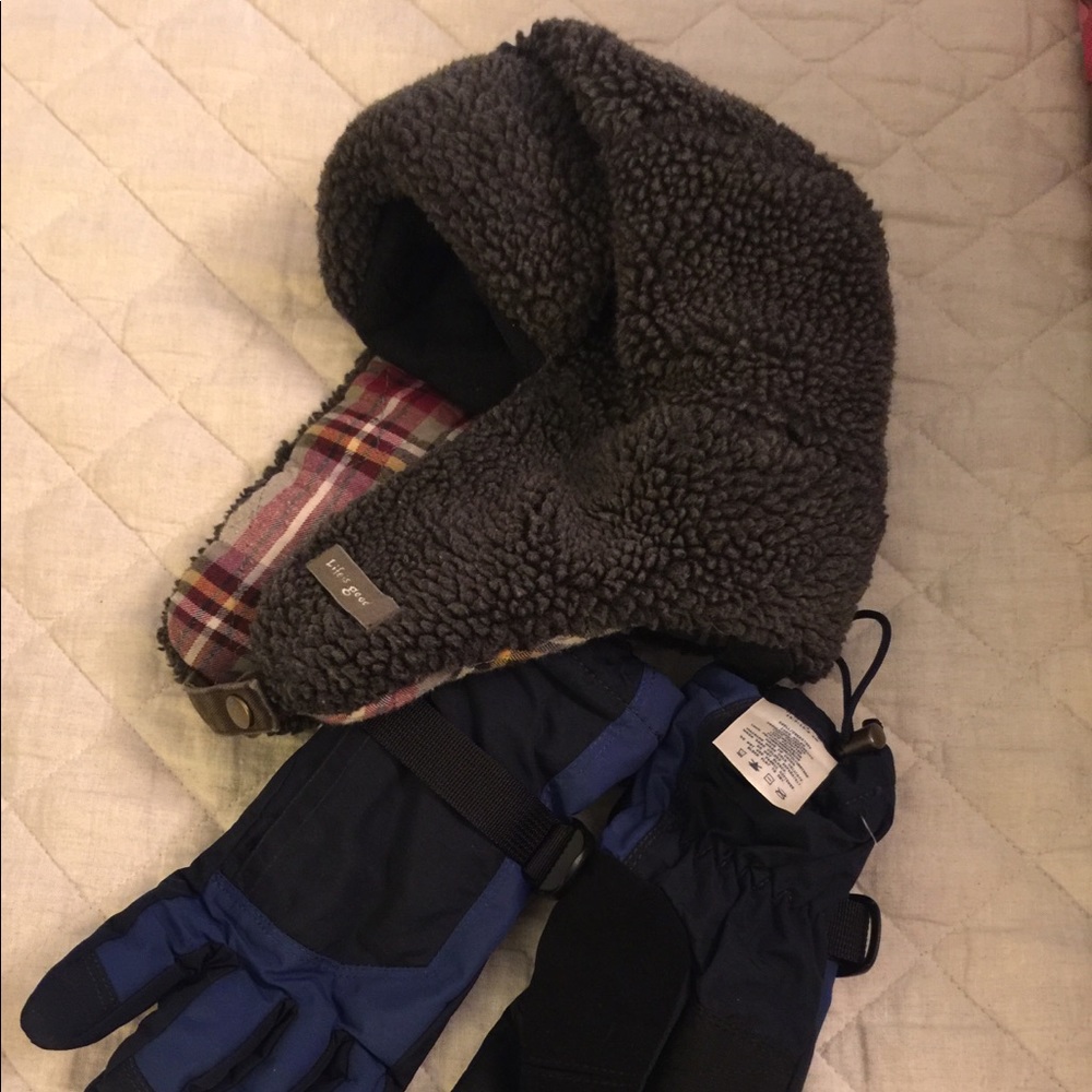 Kids “Life is good” hat, Lands end gloves